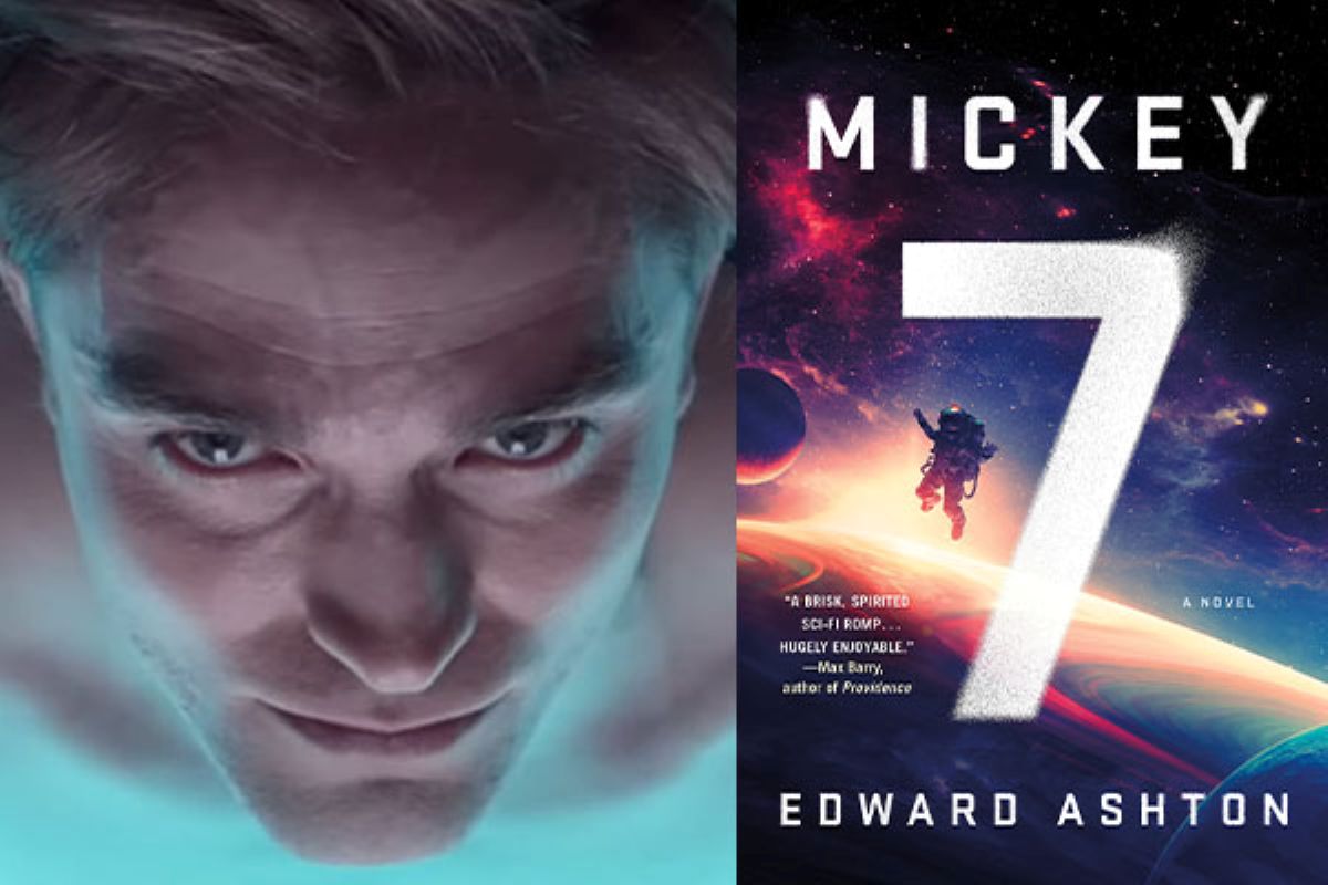 O ator Robert Pattinson e a capa do livro "Mickey 7", que será adaptado para o cinema.