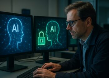 Homem trabalhando em computador com telas exibindo gráficos de inteligência artificial (IAs) e símbolo de segurança