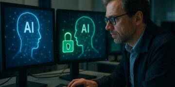 Homem trabalhando em computador com telas exibindo gráficos de inteligência artificial (IAs) e símbolo de segurança