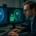 Homem trabalhando em computador com telas exibindo gráficos de inteligência artificial (IAs) e símbolo de segurança