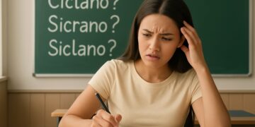 Estudante confusa em sala de aula, com dúvidas sobre palavras escritas no quadro Sicrano, Ciclano ou Siclano.