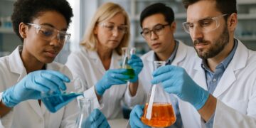 Cientistas em laboratório manipulando líquidos coloridos em recipientes de vidro como béqueres e frascos Erlenmeyer.