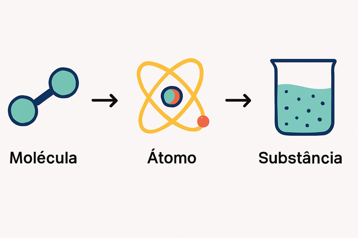 Ilustração de molécula, átomo e substância, lado a lado