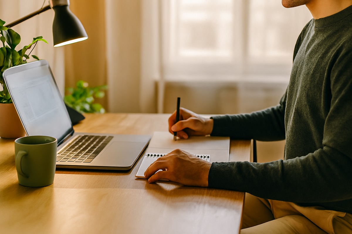 Pessoa trabalhando em home office com notebook, caderno e café sobre uma mesa de madeira, ao lado de uma planta e luminária.