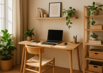 Escritório minimalista com mesa de madeira, notebook, plantas e estante