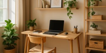 Escritório minimalista com mesa de madeira, notebook, plantas e estante