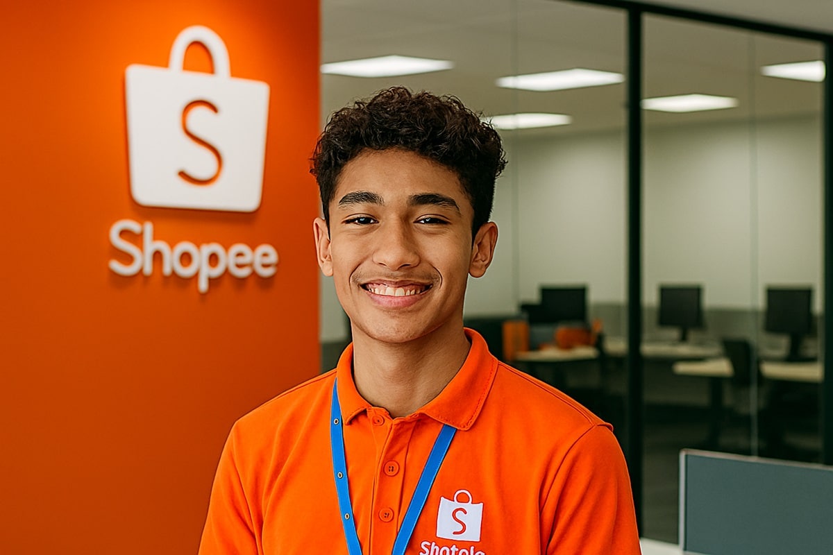 Jovem aprendiz sorridente com uniforme laranja da Shopee em ambiente corporativo moderno