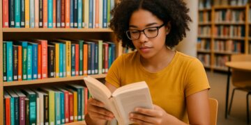 Jovem lendo livro de autores vivos em biblioteca