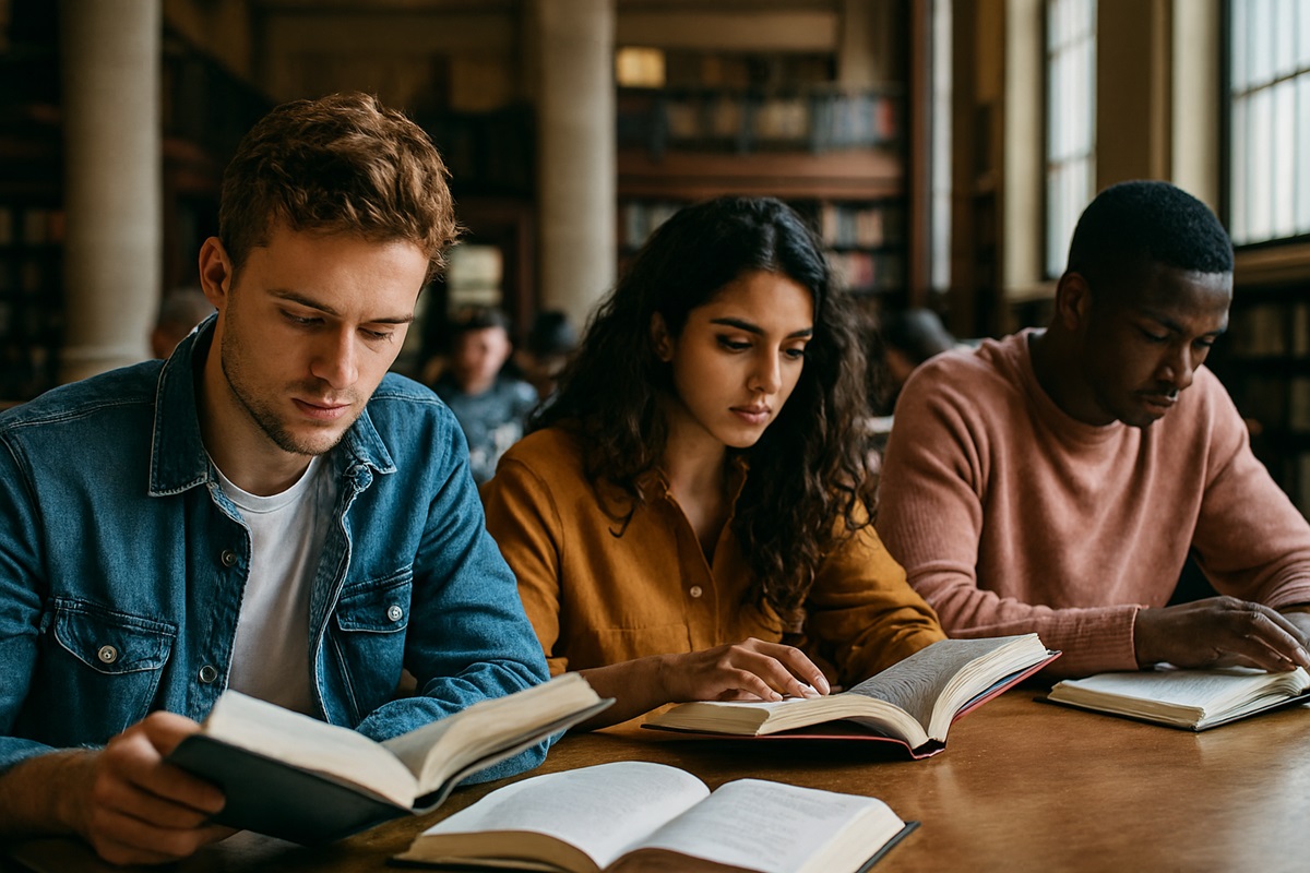 Estudantes universitários concentrados lendo livros em uma biblioteca de autores vivos