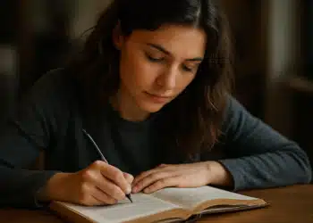 Mulher concentrada, escrevendo em um livro aberto com uma caneta, simbolizando o ato de estudar ou analisar textos e figuras de linguagem.