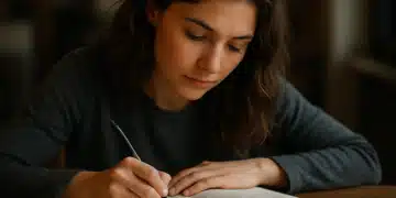 Mulher concentrada, escrevendo em um livro aberto com uma caneta, simbolizando o ato de estudar ou analisar textos e figuras de linguagem.