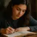 Mulher concentrada, escrevendo em um livro aberto com uma caneta, simbolizando o ato de estudar ou analisar textos e figuras de linguagem.