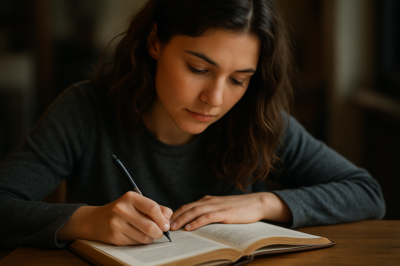 Jovem concentrada, escrevendo em um livro com uma caneta, simbolizando o estudo e a preparação para a redação do Enem.