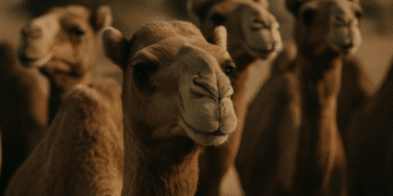 Três camelos de pelagem marrom, com o foco no animal da frente, em um ambiente de deserto.