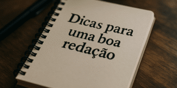Um bloco de notas com a frase "Dicas para uma boa redação" escrita na capa, ao lado de uma caneta.