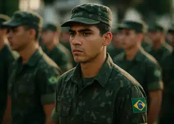Jovem soldado brasileiro durante cerimônia de alistamento militar.
