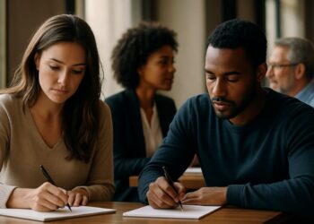 Grupo de estudantes praticando escrita e ampliando vocabulário em ambiente colaborativo de aprendizagem, assim aprendo novas palavras.