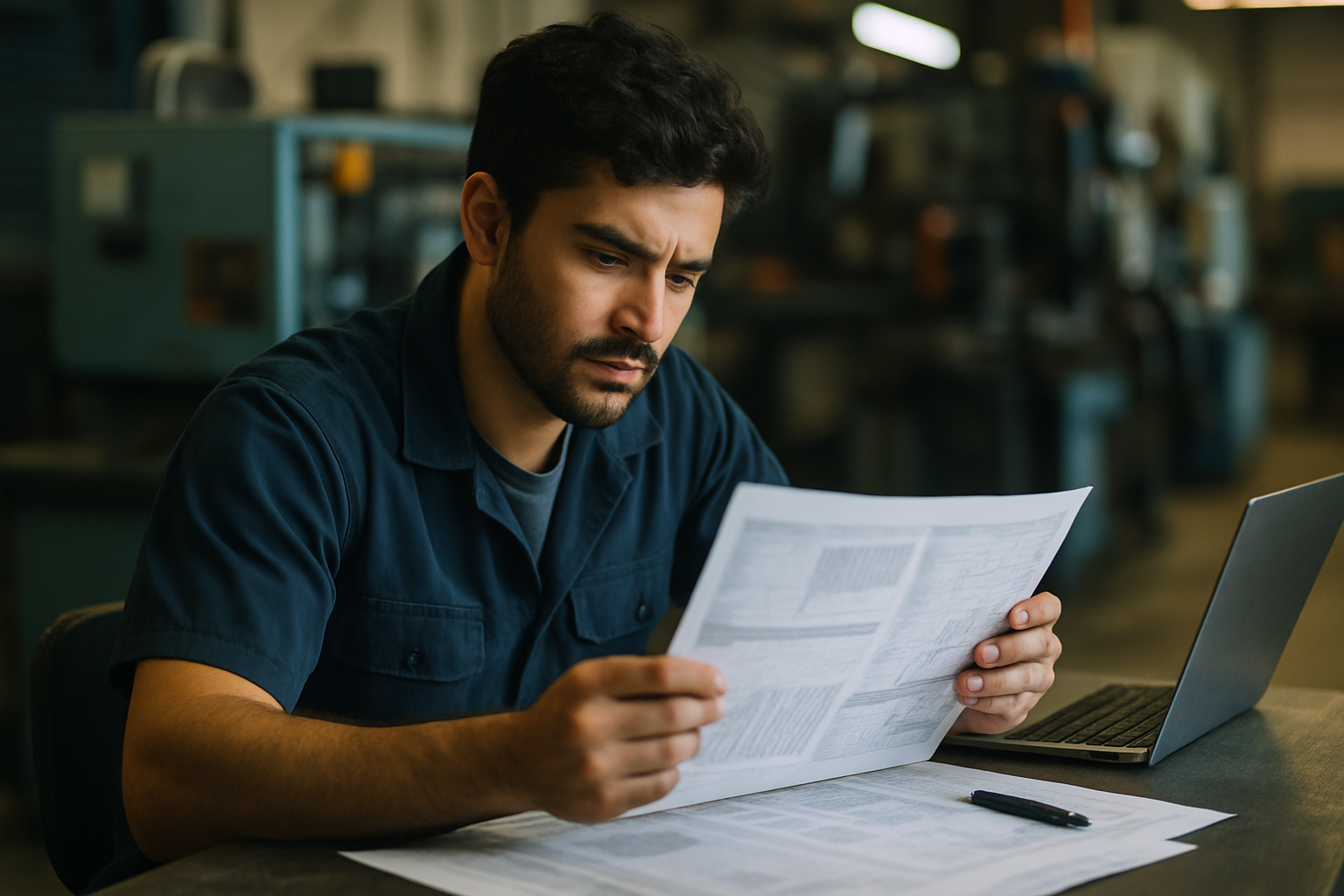  Homem concentrado analisando documentos em ambiente de trabalho, representando o estudo dos requisitos do curso.