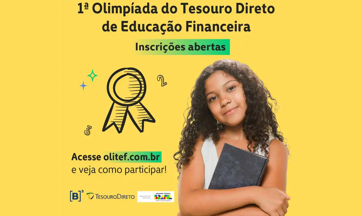 Imagem promocional da 1ª Olimpíada do Tesouro Direto de Educação Financeira (OLITEF), com uma criança sorrindo e o desenho de uma medalha.