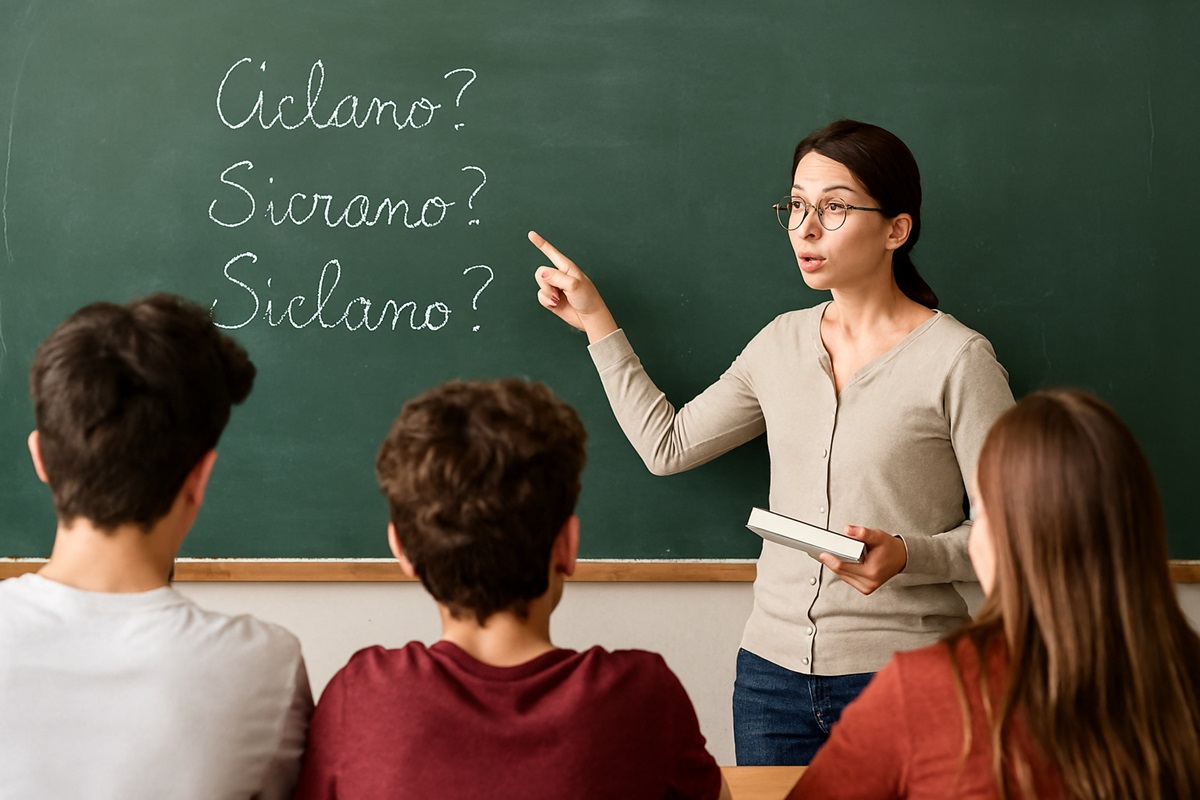 Professora aponta para quadro com variações do nome “Ciclano” enquanto alunos observam com dúvida