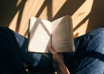 Pessoa segurando um livro aberto com páginas visíveis, em um ambiente iluminado pela luz natural.