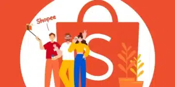 Três pessoas posando para uma foto com a logo da Shopee no fundo, representando vendedores iniciantes na plataforma