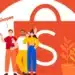 Três pessoas posando para uma foto com a logo da Shopee no fundo, representando vendedores iniciantes na plataforma