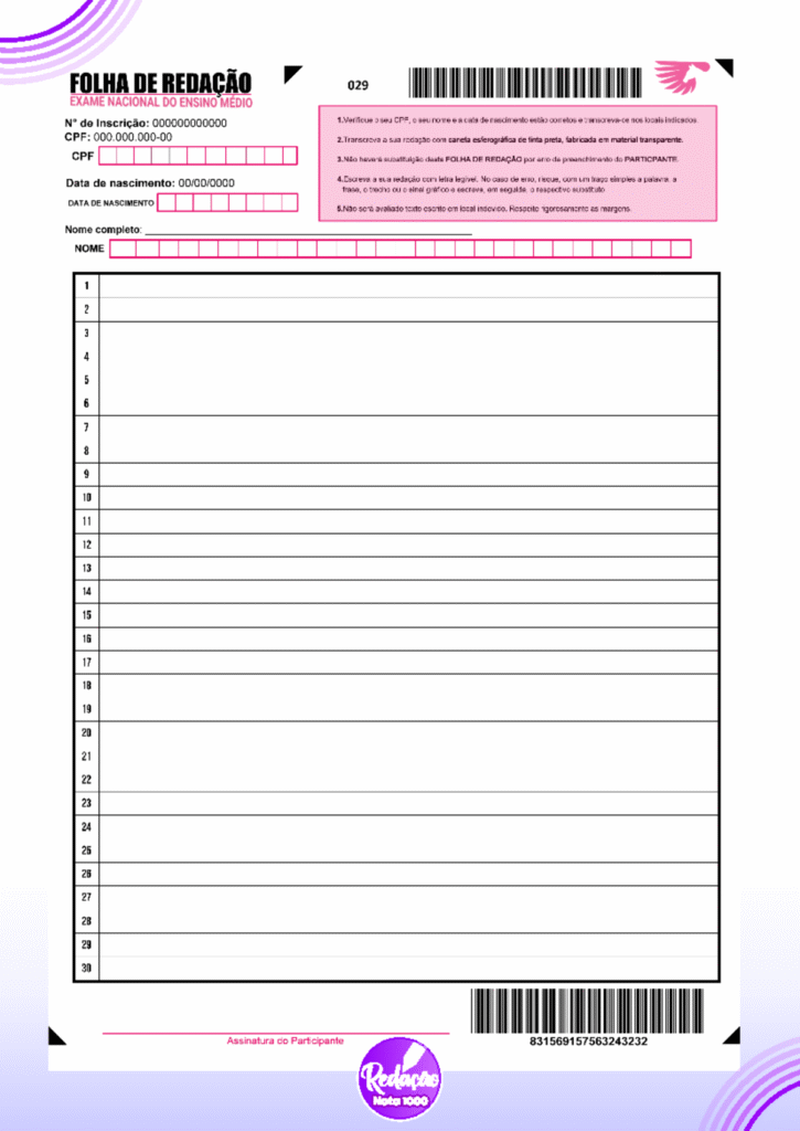 Folha de redação do Enem (Exame Nacional do Ensino Médio) em branco, com instruções e campos para preenchimento de dados do participante, pronta para ser utilizada em um rascunho.