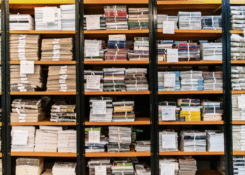 Estantes com pilhas de jornais e revistas organizadas em uma hemeroteca.