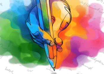 Desenho de mão segurando lápis colorido com fundo em aquarela multicolorida.