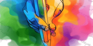 Desenho de mão segurando lápis colorido com fundo em aquarela multicolorida.