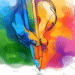 Desenho de mão segurando lápis colorido com fundo em aquarela multicolorida.