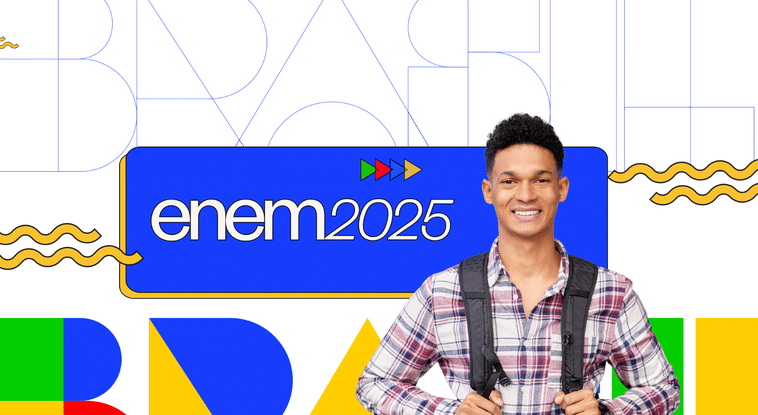 Estudante sorridente com mochila nas costas ao lado do logotipo do Enem 2025.