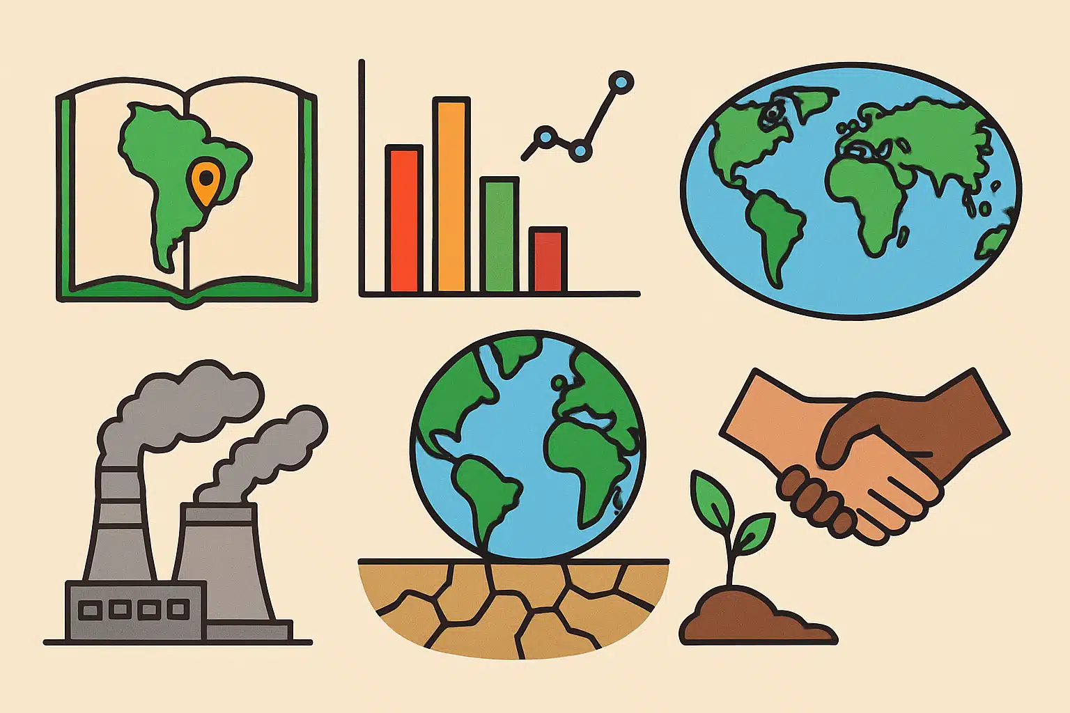 Símbolos sobre meio ambiente e sustentabilidade Ilustração de mapa, gráfico, globos terrestres, fábrica poluente, planta e mãos apertando para simbolizar meio ambiente e sustentabilidade