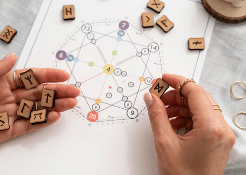 Mãos segurando peças de runas nórdicas sobre um diagrama colorido de numerologia