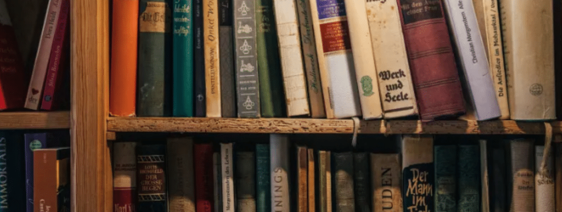 Estante com livros antigos e coloridos organizados lado a lado.