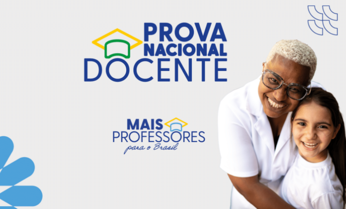 Imagem com o logotipo da Prova Nacional Docente e professora abraçando uma aluna sorridente.