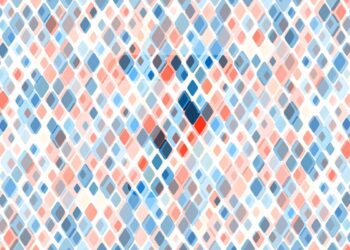 Teste de QI com um padrão abstrato com formas geométricas em tons de azul, coral e branco