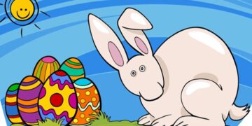 Teste visual com uma ilustração de coelho branco ao lado de ovos de páscoa coloridos com sol sorridente no céu azul