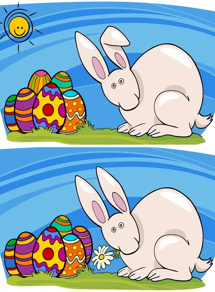 Teste visual com uma ilustração de coelho branco ao lado de ovos de páscoa coloridos com sol sorridente no céu azul