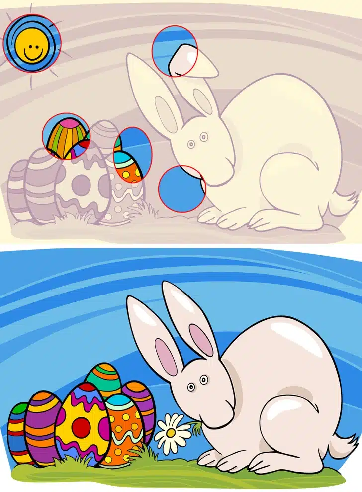 Teste visual com uma ilustração de coelho branco ao lado de ovos de páscoa coloridos com sol sorridente no céu azul