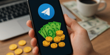 Tela de celular com logo do Telegram e ícones de dinheiro representando ganhos pela plataforma