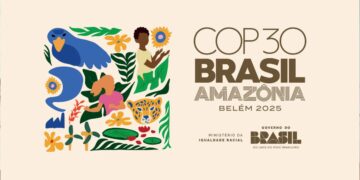 Ilustração colorida e moderna com fauna, flora e pessoas, representando o logo da COP 30 Brasil Amazônia, que acontecerá em Belém em 2025, um evento crucial sobre mudanças climáticas e conservação.