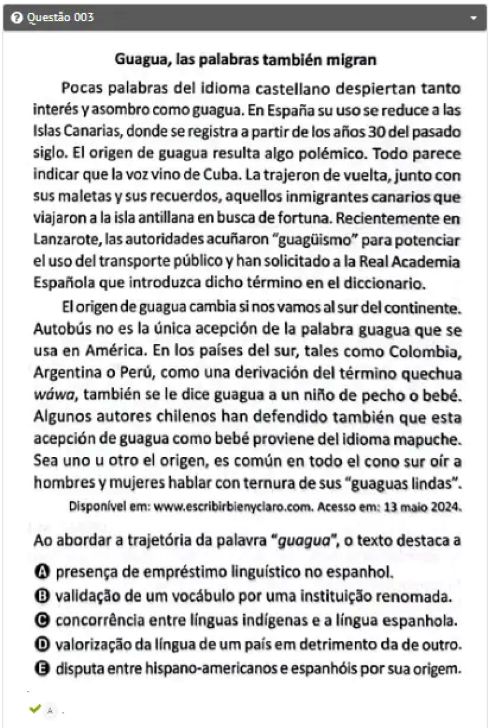 Imagem de uma questão do ENEM de Língua Espanhola sobre a palavra "guagua", destacando as opções de resposta e o texto em espanhol, referindo-se a uma das questões mais difíceis da prova.