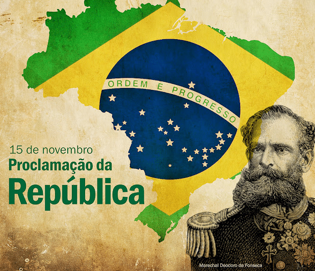 Ilustração com mapa do Brasil nas cores da bandeira, texto “15 de novembro — Proclamação da República” e imagem do Marechal Deodoro da Fonseca.