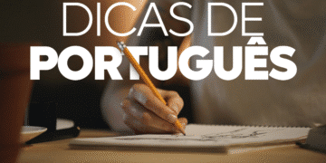 Imagem com o título "Dicas de Português" e uma pessoa escrevendo com um lápis em um caderno, simbolizando o estudo e a correção gramatical.
