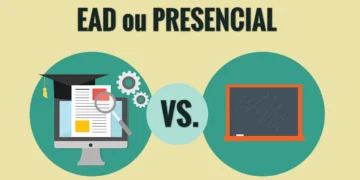 Comparativo visual entre ensino a distância (EAD), representado por um monitor com conteúdos de estudo, e ensino presencial, simbolizado por um quadro negro.