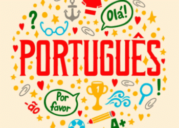 Ilustração circular com a palavra Português e ícones de aprendizado como lápis, troféu e bola de futebol