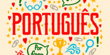 Ilustração circular com a palavra Português e ícones de aprendizado como lápis, troféu e bola de futebol