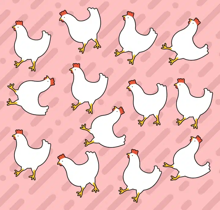Ache a galinha fora do padrão entre as galinhas brancas em fundo rosa. Desafio visual com desenho de várias galinhas brancas com crista vermelha em padrão sobre fundo rosa